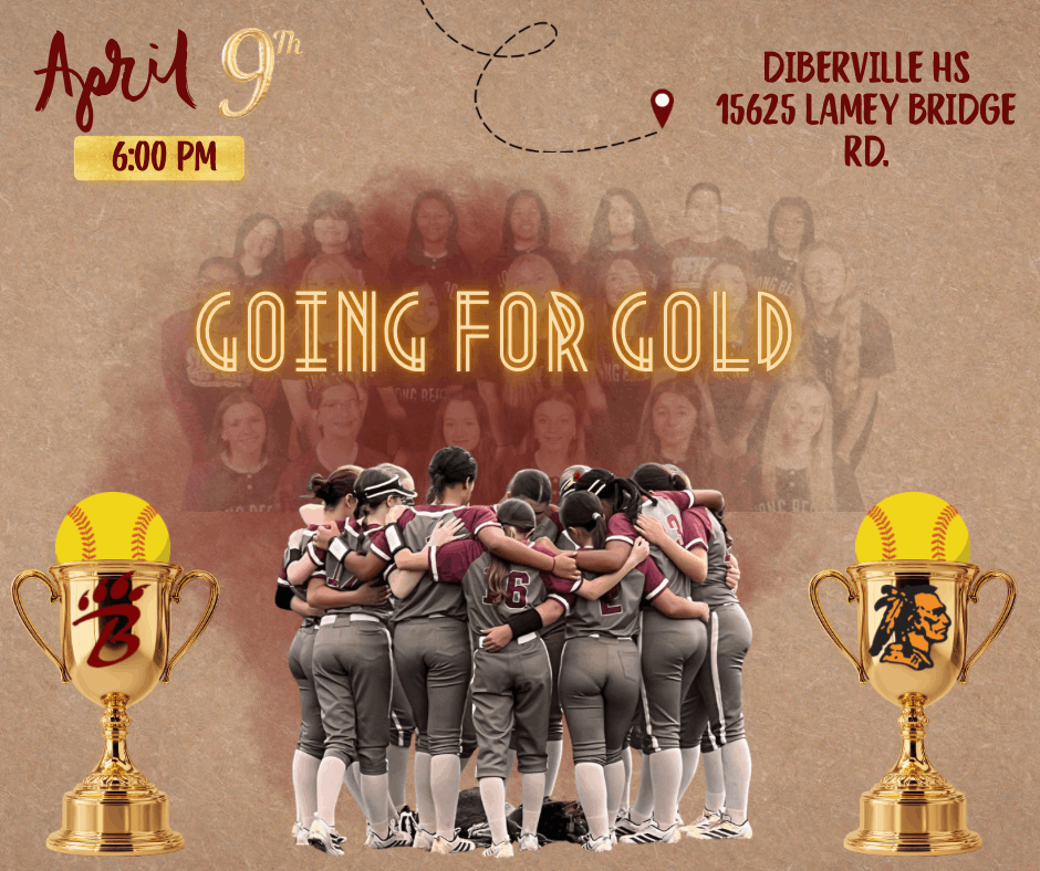 A promotional softball graphic shows a group of players in maroon and gray uniforms huddled together at center. Behind them is a faded team photo used as a background texture. On the left and right sides are gold trophies topped with softballs; the left trophy features a red “B” logo and the right trophy features a Native American head logo. Event text reads: “April 9th, 6:00 PM, D’Iberville HS, 15625 Lamey Bridge Rd. Going for Gold.” The design uses gold accents to emphasize a competitive, celebratory theme.
